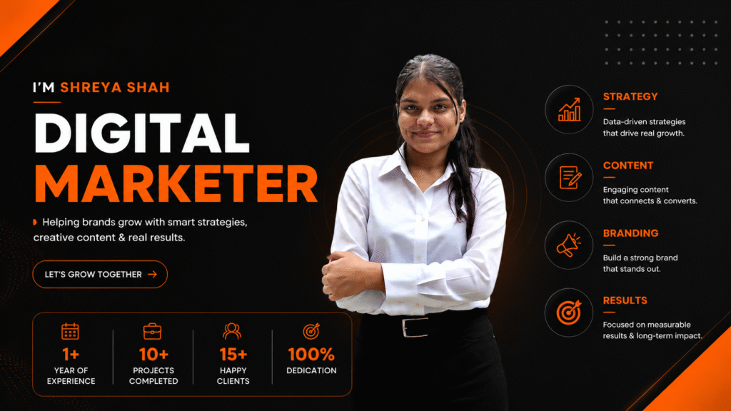 Shreya Shah, certified digital marketing consultant, standing confidently with arms crossed, with services overview including strategy, content, branding, and results