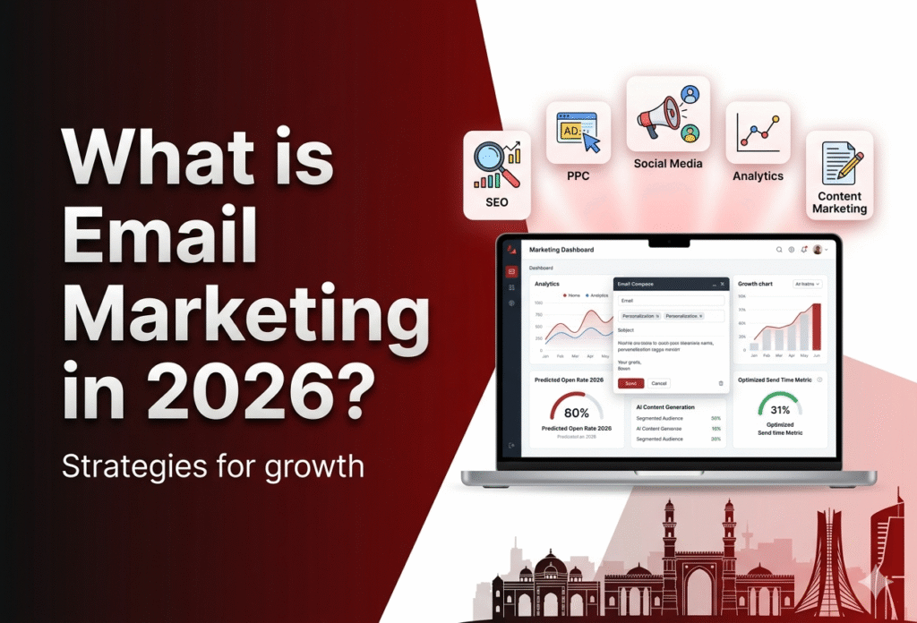 What is email marketing in 2026 with strategies for growth using SEO, PPC, social media, analytics, content marketing and AI-powered email marketing dashboard.