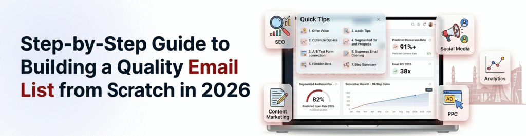 Step-by-step guide to building a quality email list from scratch in 2026 with 91% predicted conversion rate, 38x email ROI and subscriber growth dashboard.