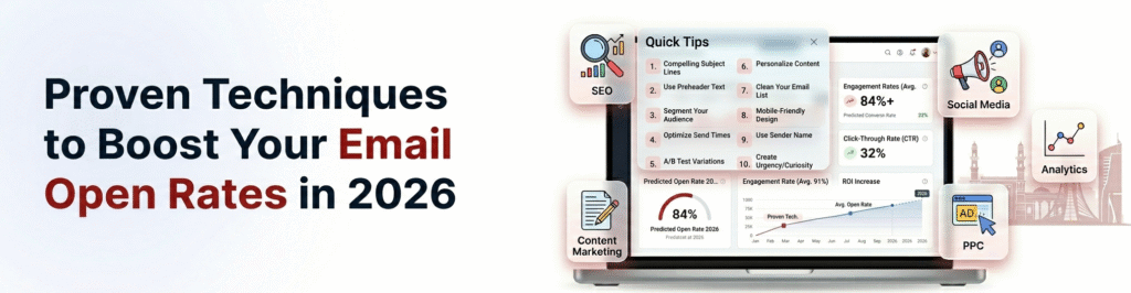 Proven techniques to boost email open rates in 2026 with 84% predicted open rate, 32% CTR, 84% engagement rate and 10 quick tips dashboard.