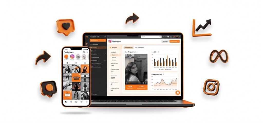 Social media marketing dashboard showing Instagram feed on smartphone and Facebook Ads analytics on laptop with engagement metrics, surrounded by 3D social media icons including Instagram, Meta, heart, share and comment symbols in orange and black
